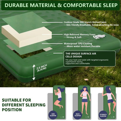 Memory Sleeping Pad, Compact Thick Foam Sleeping Mats with Pillow, 9.5 RValue Insulated Camping Mattress Pad, Easy Inflate amp D