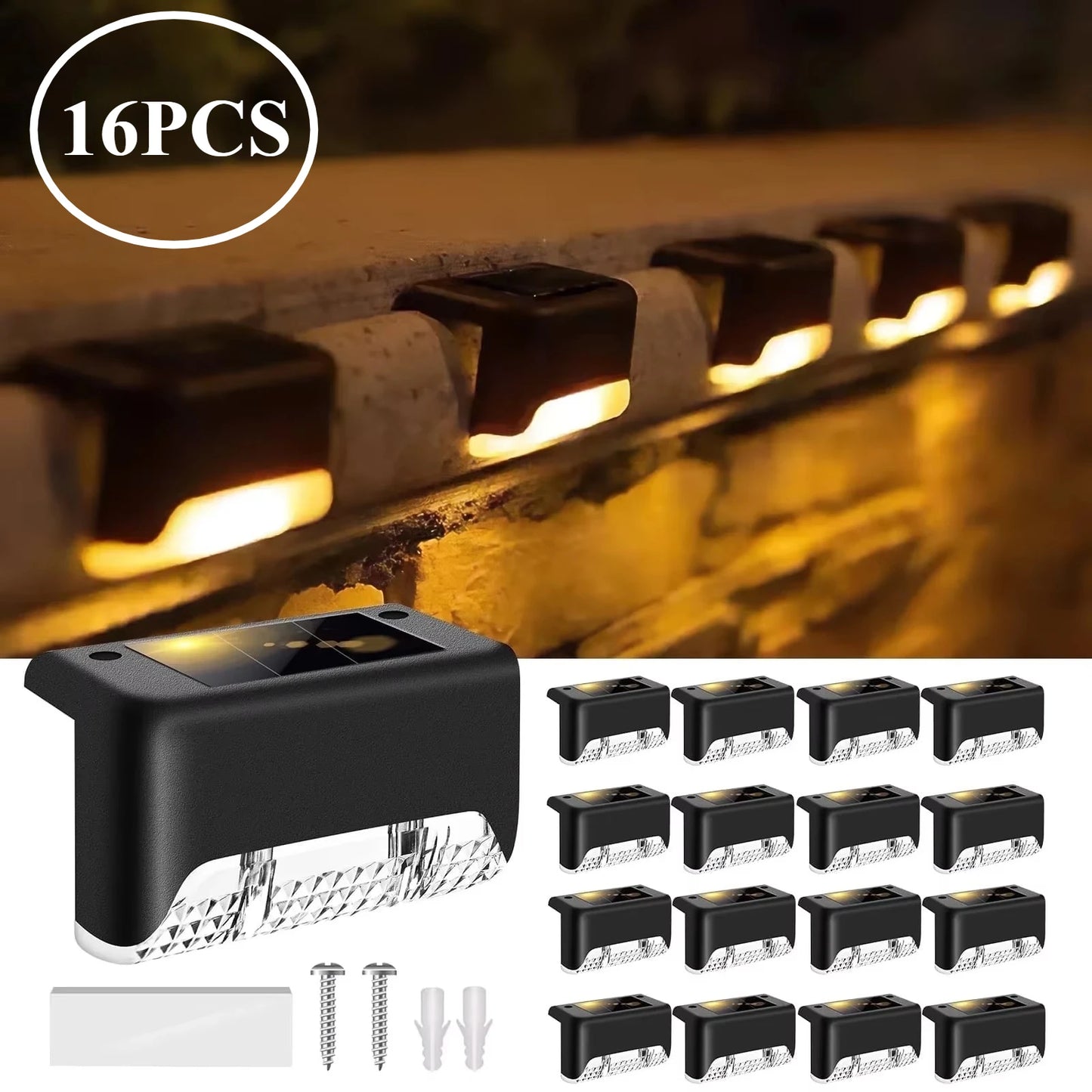 A set of 16 waterproof outdoor solar deck lights, suitable for outdoor fences,patios,decks,and walkways,equipped with LED lights