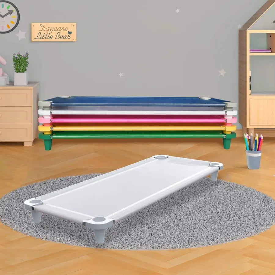 Nap Cot for Kids, Portable Toddler Child Bed, Stackable, 52 L Stainless Steel Tubes White Breathable Mesh Fabric White Feet 1 Pa