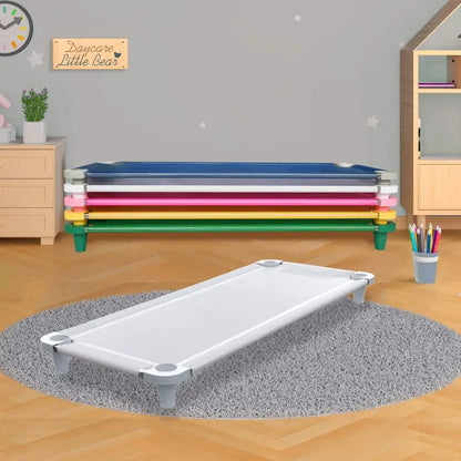 Nap Cot for Kids, Portable Toddler Child Bed, Stackable, 52 L Stainless Steel Tubes White Breathable Mesh Fabric White Feet 1 Pa