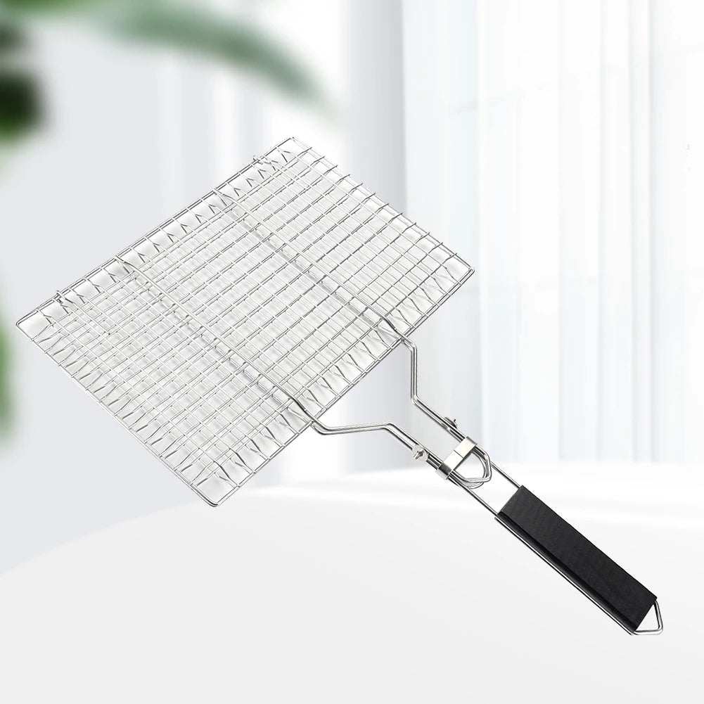 BBQ Grilling Basket Folding Fish Grill Basket Wooden Handle Vegetable Grill Basket Stainless Steel for Household Outdoor Camping