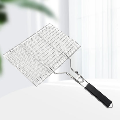 BBQ Grilling Basket Folding Fish Grill Basket Wooden Handle Vegetable Grill Basket Stainless Steel for Household Outdoor Camping
