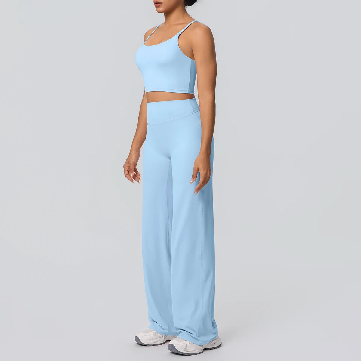 Women Quick Drying Gym Sports Fitness Clothing Yoga Set Backless Sexy Strap Bra with Chest Pad High Waisted Wide Leg Pants Set