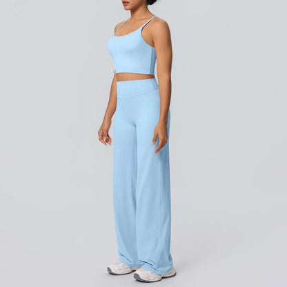 Women Quick Drying Gym Sports Fitness Clothing Yoga Set Backless Sexy Strap Bra with Chest Pad High Waisted Wide Leg Pants Set
