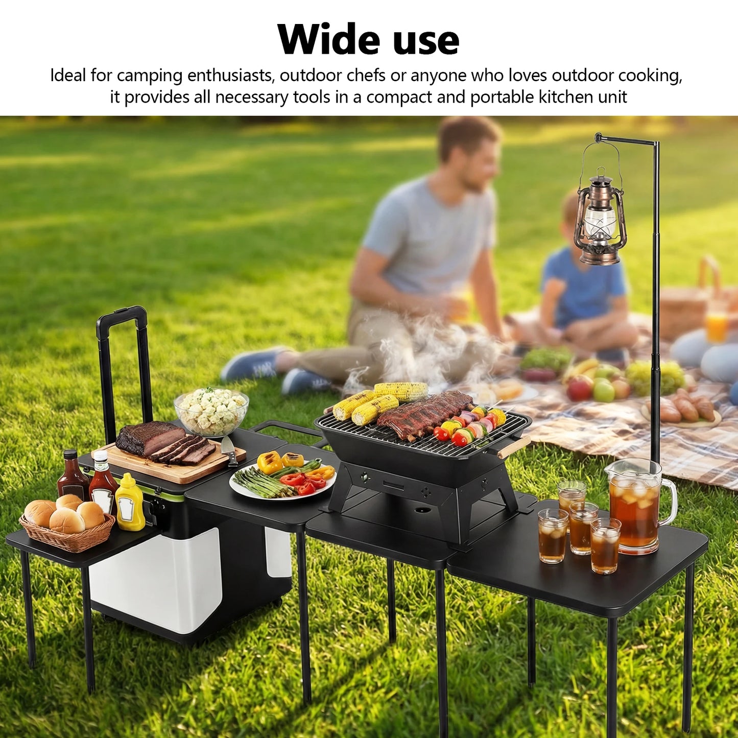 Multifunctional Outdoor Kitchen Station with Wheels Rolling Master Cook Station with Light Poles for Home BBQ Tailgates Cookouts