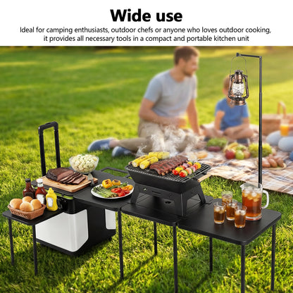 Multifunctional Outdoor Kitchen Station with Wheels Rolling Master Cook Station with Light Poles for Home BBQ Tailgates Cookouts