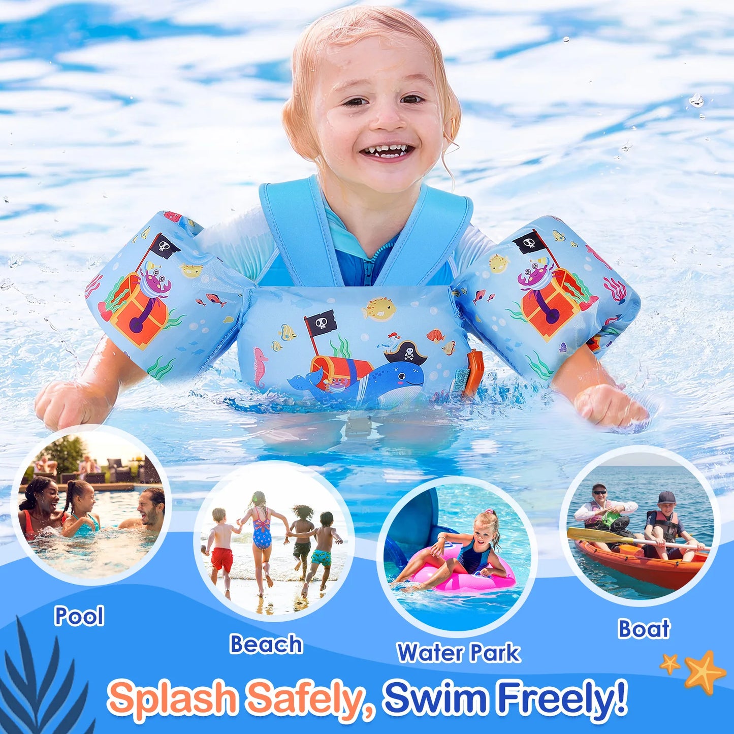 Kids Swimming Vest Toddler Floaties Arm Band Floaties with Adjustable Strap Swim Jacket Water Wing Pool Float Learning Swim