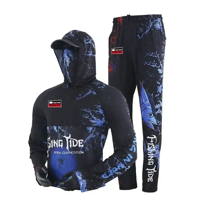 Quick Dry Fishing Shirt with Face Cover for Men, Breathable Fishing Clothes Set, Water and Fire, Thin, Summer