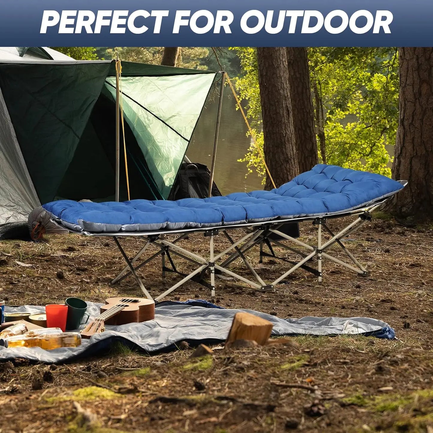 Portable Camping Cot with Mattress - Heavy Duty Folding Bed for Outdoor, Beach, Office - Max Load 300 LBS