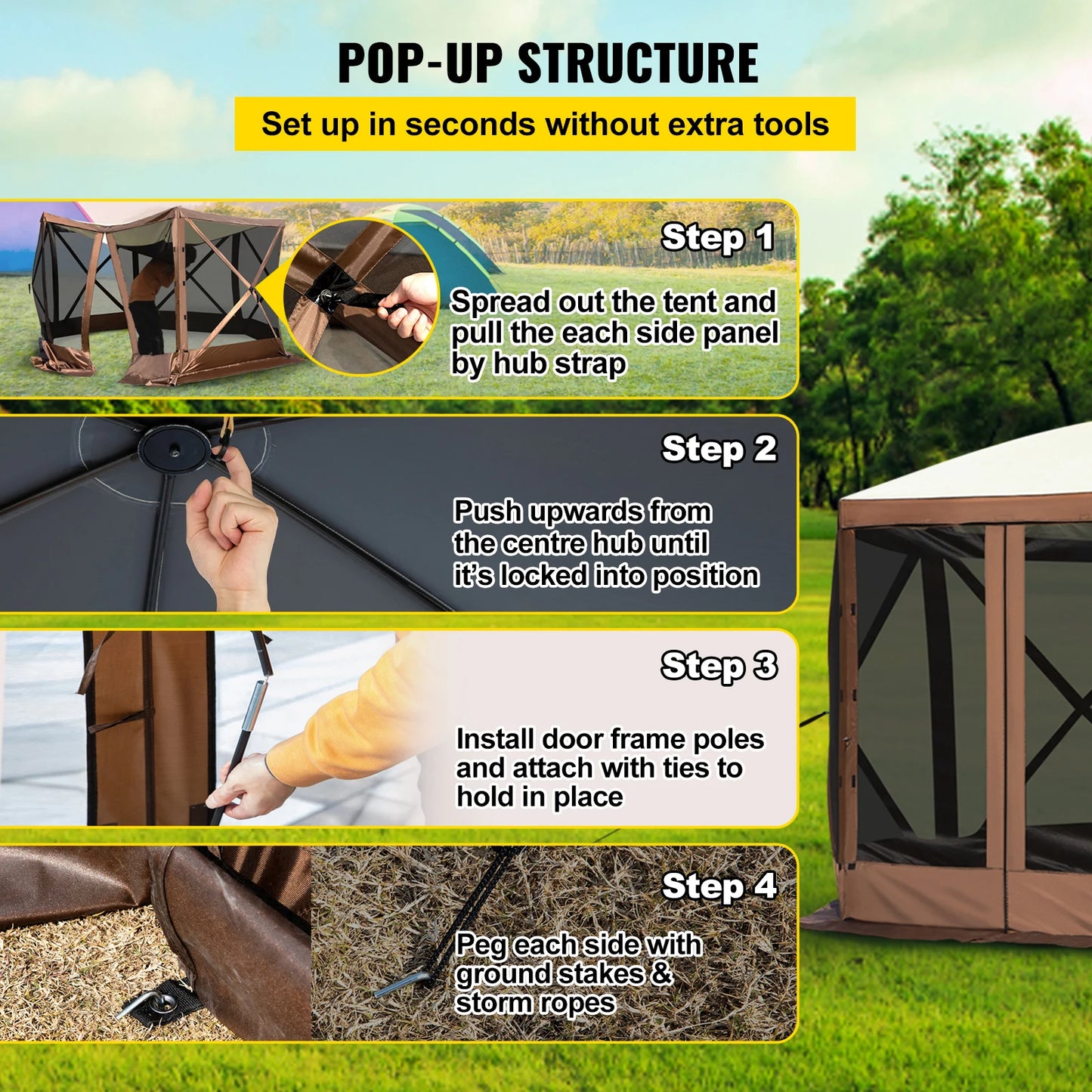 SucceBuy Pop-up Camping Gazebo Camping Canopy Shelter 6 Sided 12' x 12' Sun Shade Tents & Canopies Camping & Hiking
