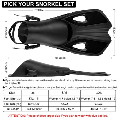 Mask Fins Snorkel Set, Snorkeling Gear for Adults, Panoramic View Snorkel Mask Anti-Fog, Adjustable Dive Flippers, Dry Top Snork