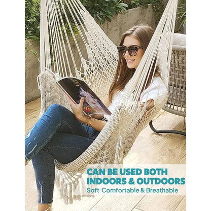Hammock Chair Super Large SoftSpun Cotton Rope Weaving Hanging Chair, Collapsible Strong Metal Spreader Bar Wide Seat Lace Stret
