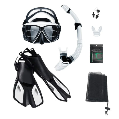 Mask Fins Snorkel Set, Snorkeling Gear for Adults, Panoramic View Snorkel Mask Anti-Fog, Adjustable Dive Flippers, Dry Top Snork