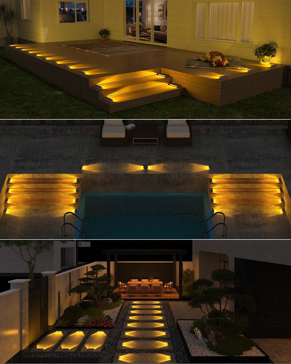 Solar Deck Lights Outdoor Waterproof LED Step Sidewalk Stair Garden Light IP68 Auto On/Off Solar Powered Dock Driveway Lighting