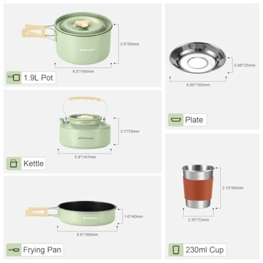 Odoland 15pcs Camping Cookware Mess Kit Non-Stick Lightweight Pot Pan Kettle Set with Stainless Steel Cups Plates Forks Knives