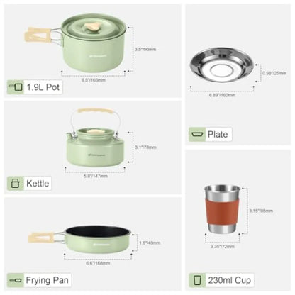 Odoland 15pcs Camping Cookware Mess Kit Non-Stick Lightweight Pot Pan Kettle Set with Stainless Steel Cups Plates Forks Knives