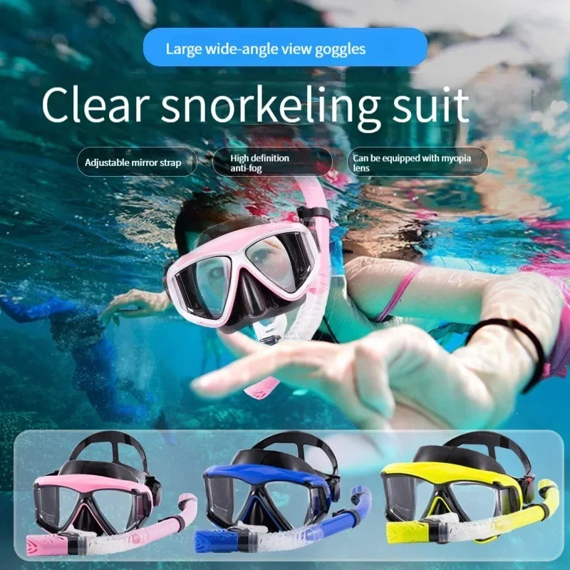 Mask Fins Snorkel Set, Snorkeling Gear for Adults, Panoramic View Snorkel Mask Anti-Fog, Adjustable Dive Flippers, Dry Top Snork