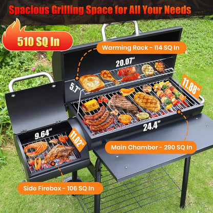 Spacious Barrel Charcoal BBQ Grill with Offset Smoker for Outdoor Backyard Camping and Parties