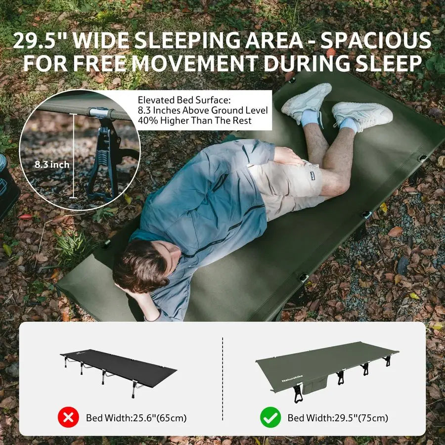 Extra Wide GreenWild Camping Cot, Folding Lightweight Camp Cot Bed, Portable Sleeping Bed for Backpacking Travel Beach Home