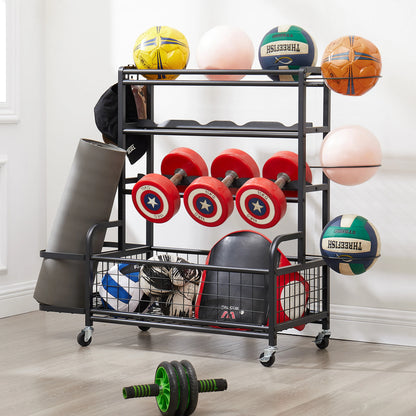 4 Tier Metal Storage Organizer with Rolling Wheels for Basketball Sports Equipment Organizer for Yoga Mat  Football