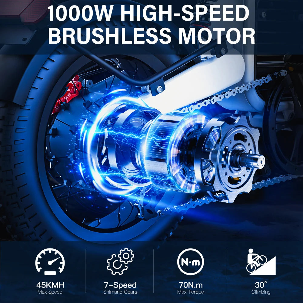 COSWHEEL T16 1000W Electric Bike 48V 15Ah Removable Battery 45km/H, 16''X4" Fat Tire 7-Speed E-Bike with EBike e bicycle