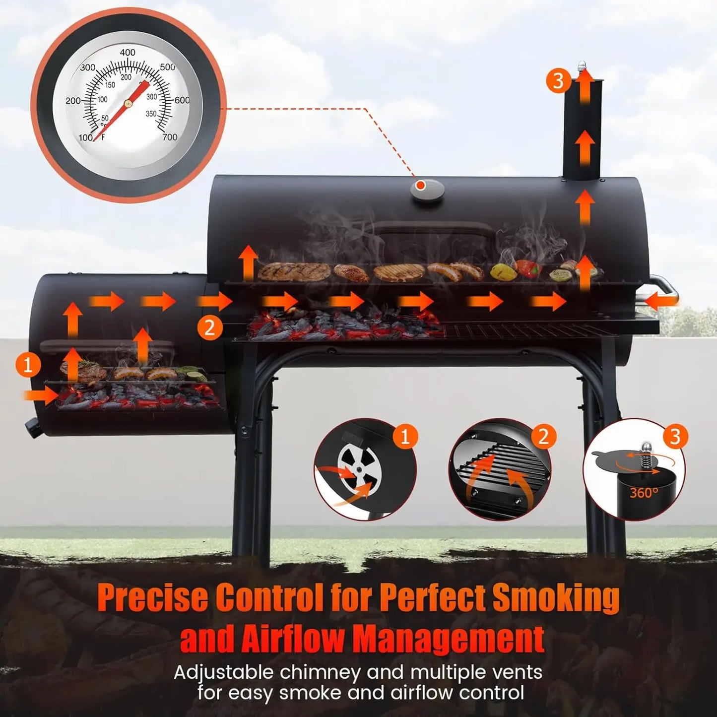 Spacious Barrel Charcoal BBQ Grill with Offset Smoker for Outdoor Backyard Camping and Parties