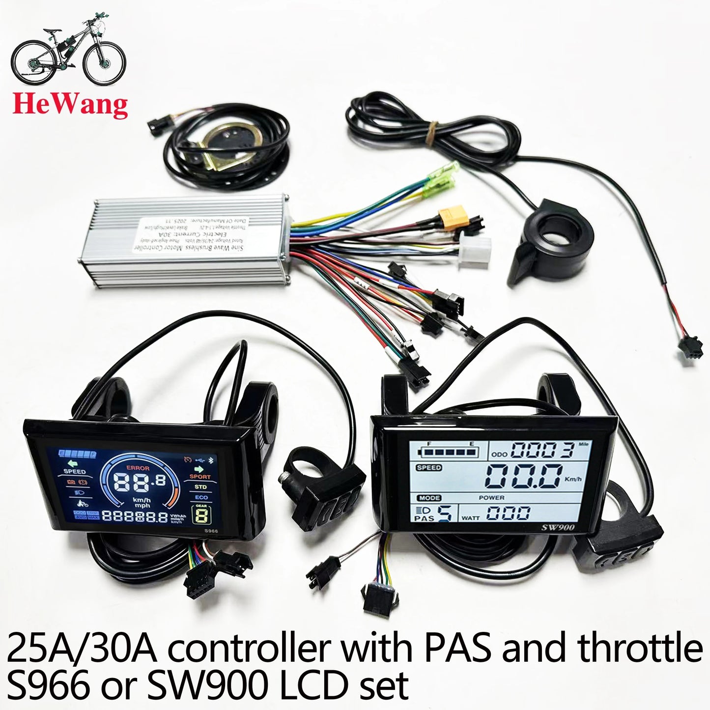 E-bike 25A/30A Brushless Motor Controller 24V 36V 48V 350W-1000W and S966/ SW900 LCD With PAS Throttle Kit for E-Scooter rapir