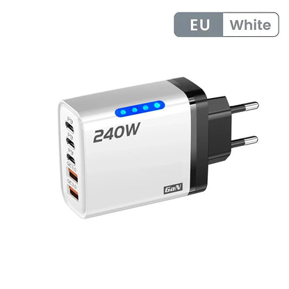 5 in 1 GaN USB C Desktop Charger 240W Fast Charge Phone Adapter 10A Type C Cable For iPhone Samsung Xiaomi EU/US/UK Plug Charger
