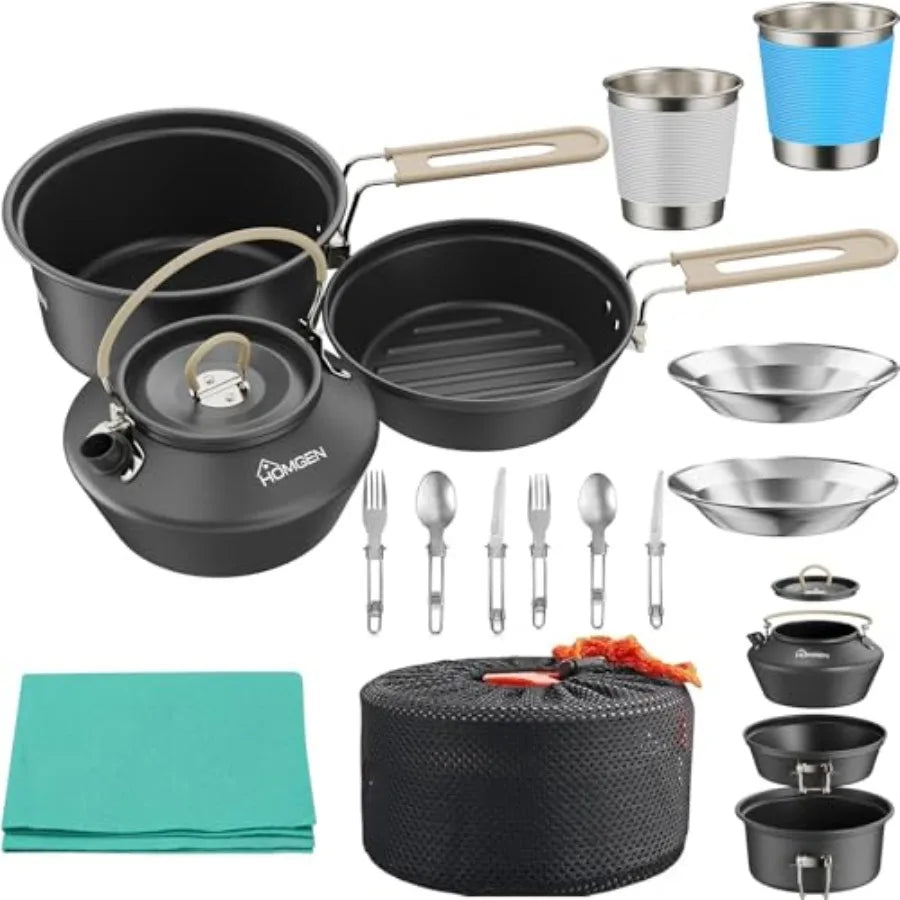 Ultralight Anodized Aluminum Camping Cookware Set for 2 People - Nesting Non Stick Pot/Pan with Foldable Handles Insulated Teap