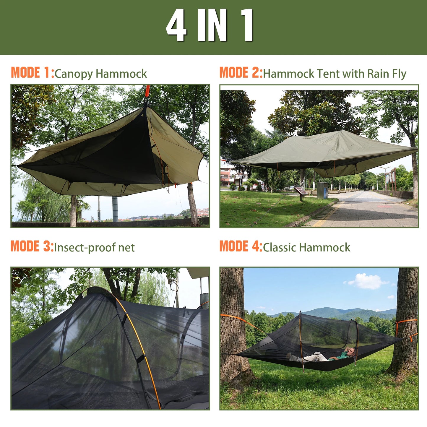 Outdoor Camping Hammock Quick Opening Hanging Hammocks Bed Net with Mosquito Net & RainFly 3 Point Hammock Tent Lay Flat Hammock