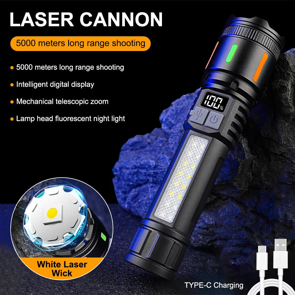 Smart Display LED Flashlight Rechargeable Type-c Torch Red/Blue Flashing Warning Light with Side Lamps Emergency Work Light