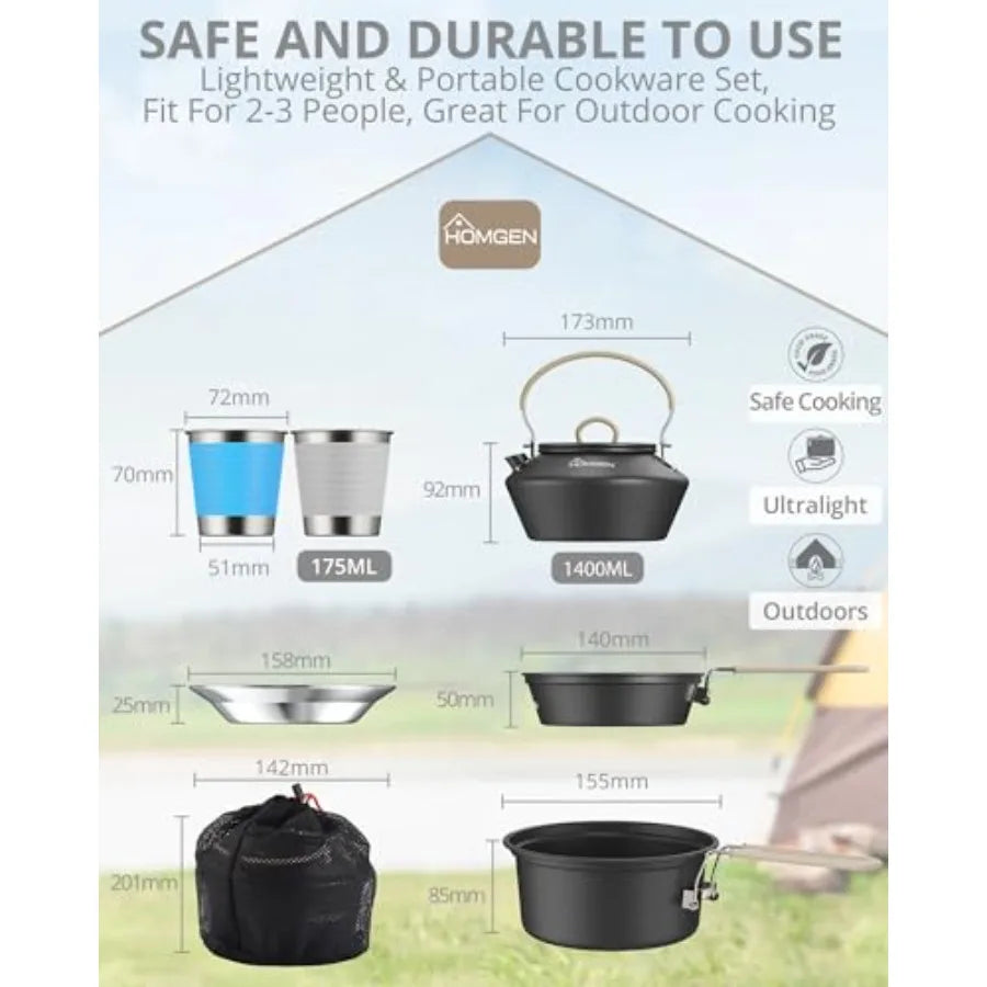 Ultralight Anodized Aluminum Camping Cookware Set for 2 People - Nesting Non Stick Pot/Pan with Foldable Handles Insulated Teap