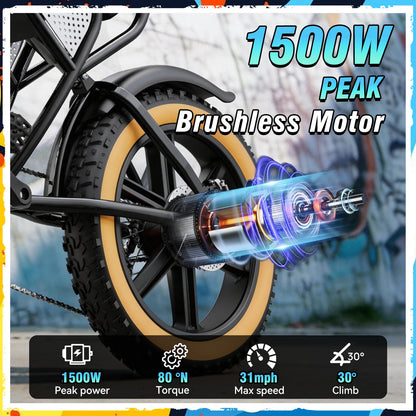 Ridstar LUXELITE30 Motor 1500W Electric Bike for Adults 31 MPH Battery 48V 15.6Ah  20" Electric Dirt Bike 7-Speed