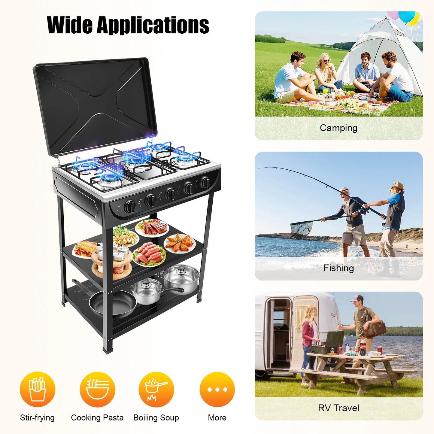 5-Burner Gas Stove Outdoor Camping Cooking BBQ Grill With 2-Tier Storage Rack