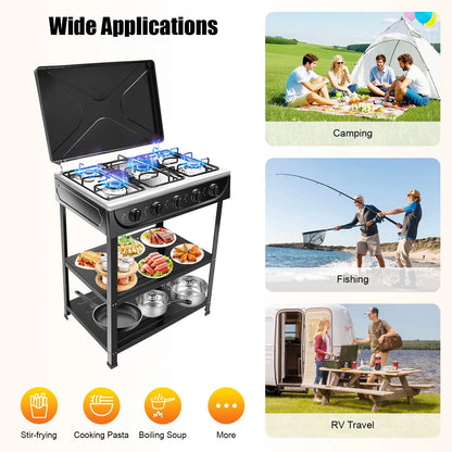 5-Burner Gas Stove Outdoor Camping Cooking BBQ Grill With 2-Tier Storage Rack