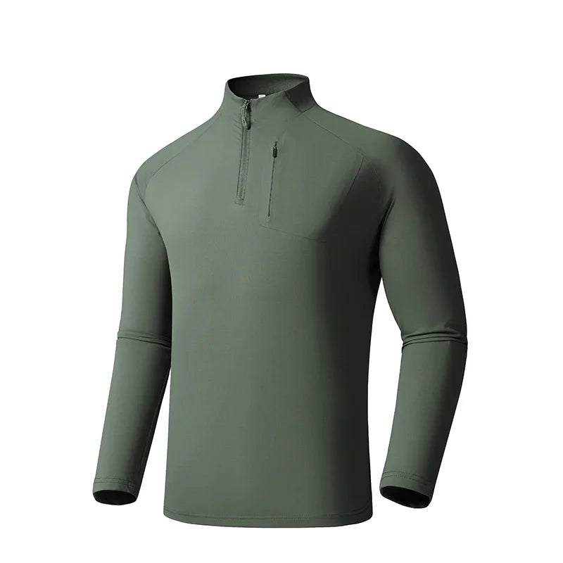 Quick-drying Gym Polo Shirts Men Summer Stand Collar Stretch Long Sleeves Outdoor Lightweight Zipper Pockets Sports Shirts