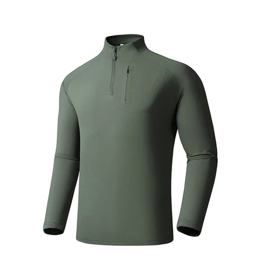 Quick-drying Gym Polo Shirts Men Summer Stand Collar Stretch Long Sleeves Outdoor Lightweight Zipper Pockets Sports Shirts