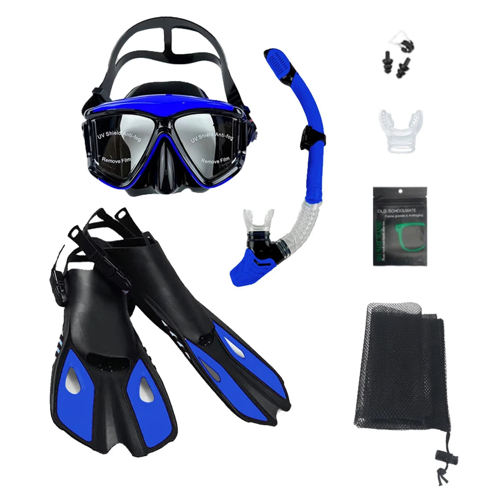 Mask Fins Snorkel Set, Snorkeling Gear for Adults, Panoramic View Snorkel Mask Anti-Fog, Adjustable Dive Flippers, Dry Top Snork