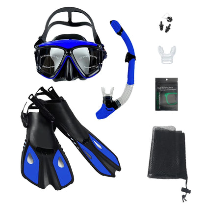 Mask Fins Snorkel Set, Snorkeling Gear for Adults, Panoramic View Snorkel Mask Anti-Fog, Adjustable Dive Flippers, Dry Top Snork