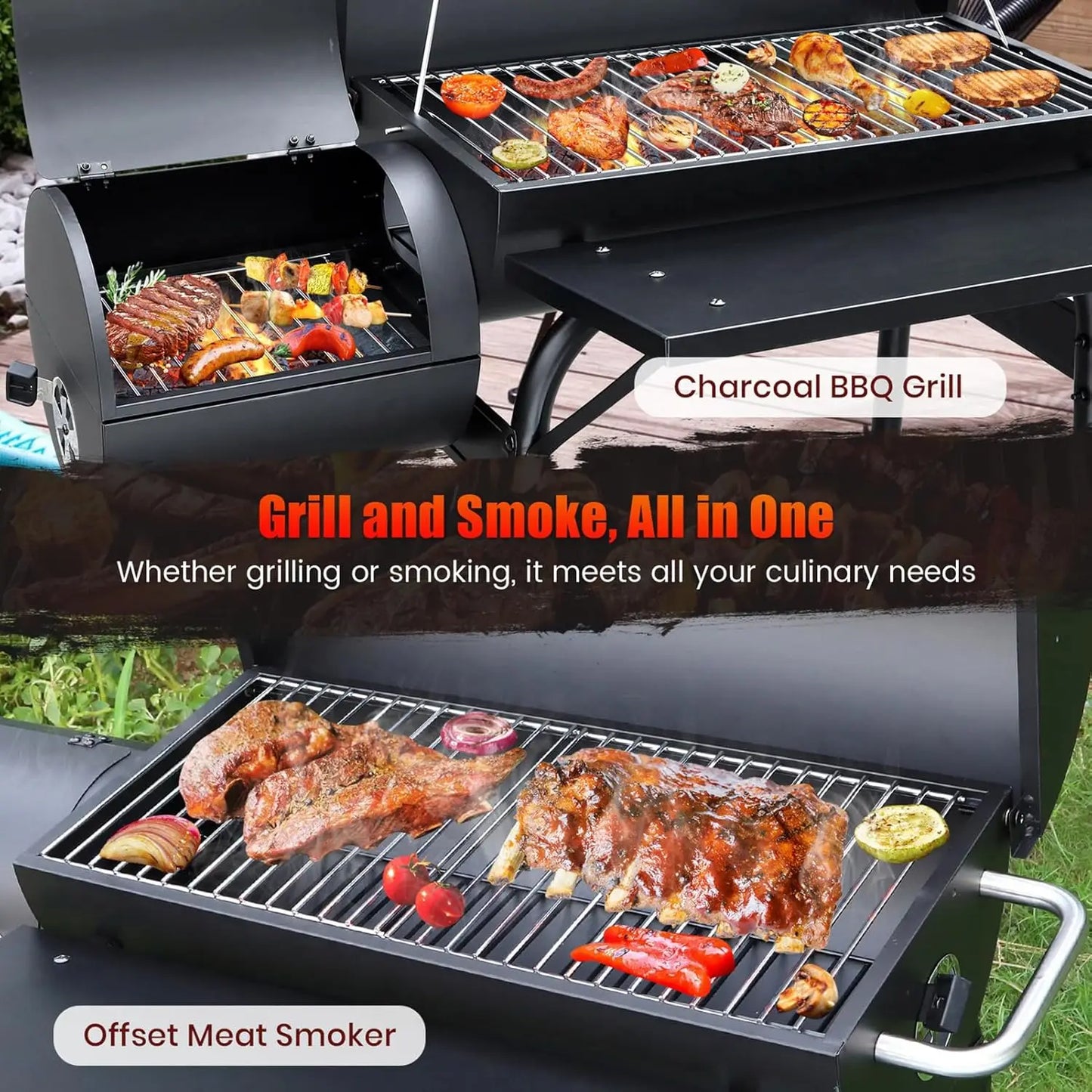 Spacious Barrel Charcoal BBQ Grill with Offset Smoker for Outdoor Backyard Camping and Parties