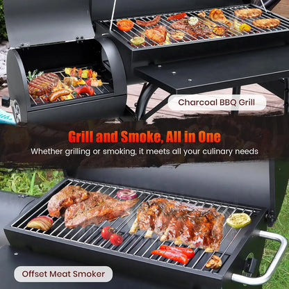 Spacious Barrel Charcoal BBQ Grill with Offset Smoker for Outdoor Backyard Camping and Parties