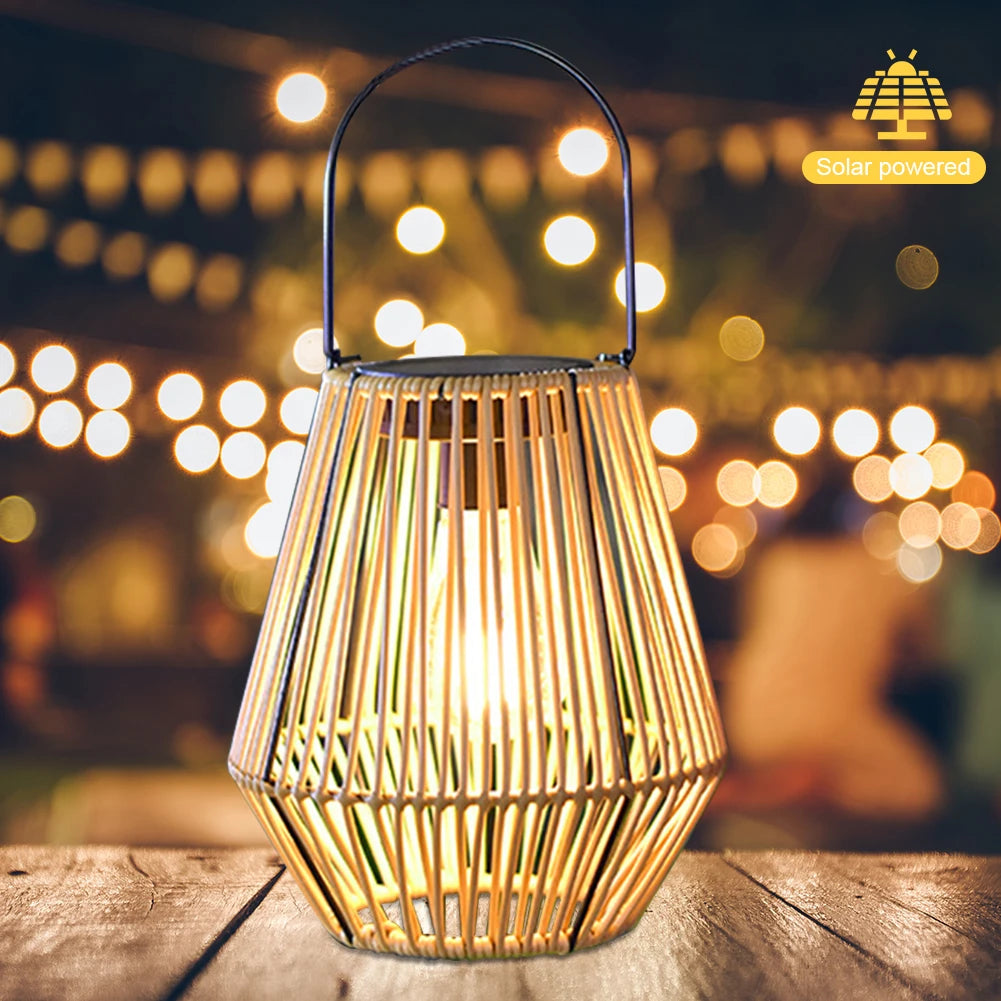 Rattan Solar Lantern IP65 Waterproof Hanging/Standing Outside Big Rattan Solar Light with Handle for Yard Garden Home Decoration