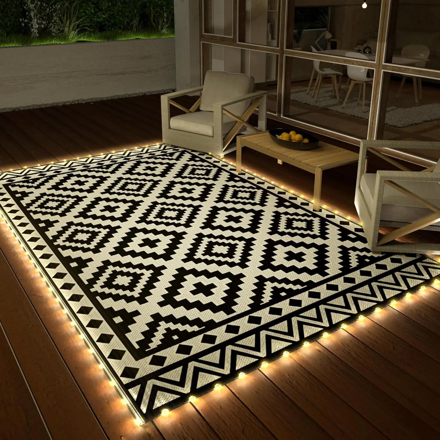 5'X8' Waterproof Outdoor Rug with LED Lights, Reversible Plastic Straw Mat for Patio, RV, Camping & Beach