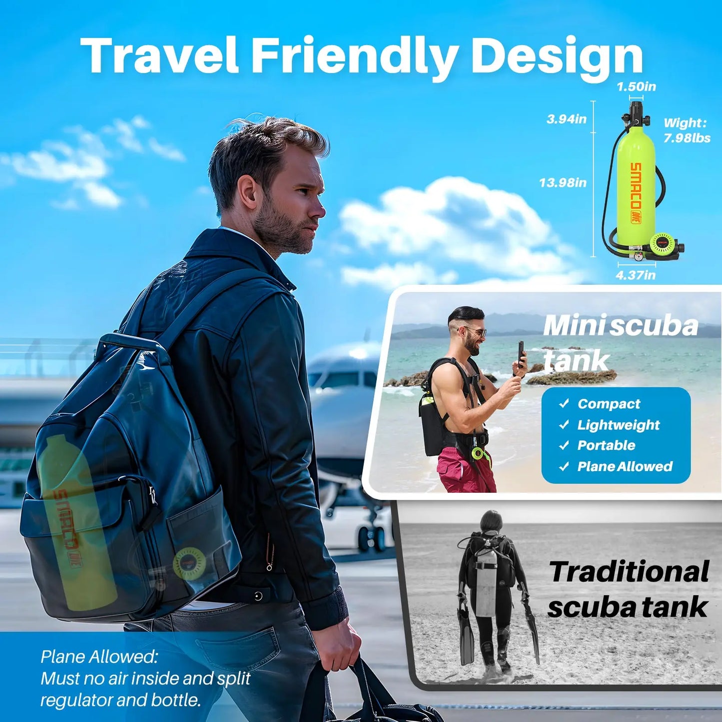 SMACO S700 Mini Scuba Tank 1.9L Portable Scuba Diving Tank Reusable Pony Bottle up to 30 Minutes Dive Time Backup Snorkel Air