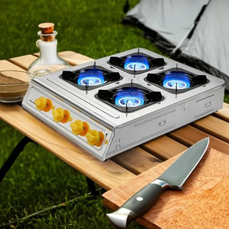 4 Burner Propane Gas Stove 40000 BTU Stainless Steel Cooktop with Enamel Pan Support Electronic Ignition for Camping Outdoor Co