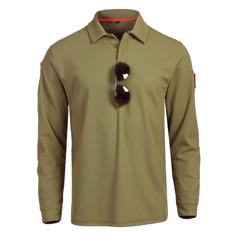Mens Quick Dry Tactical Polo Shirt Summer Breatable Outdoor Training Top Embroidered Logo Turn-down Collar Long Sleeve Clothes
