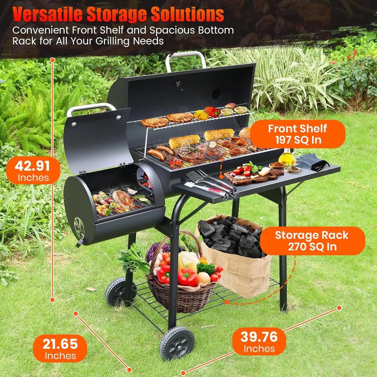Spacious Barrel Charcoal BBQ Grill with Offset Smoker for Outdoor Backyard Camping and Parties