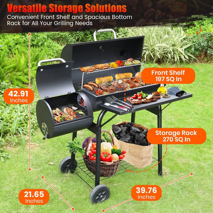 Spacious Barrel Charcoal BBQ Grill with Offset Smoker for Outdoor Backyard Camping and Parties