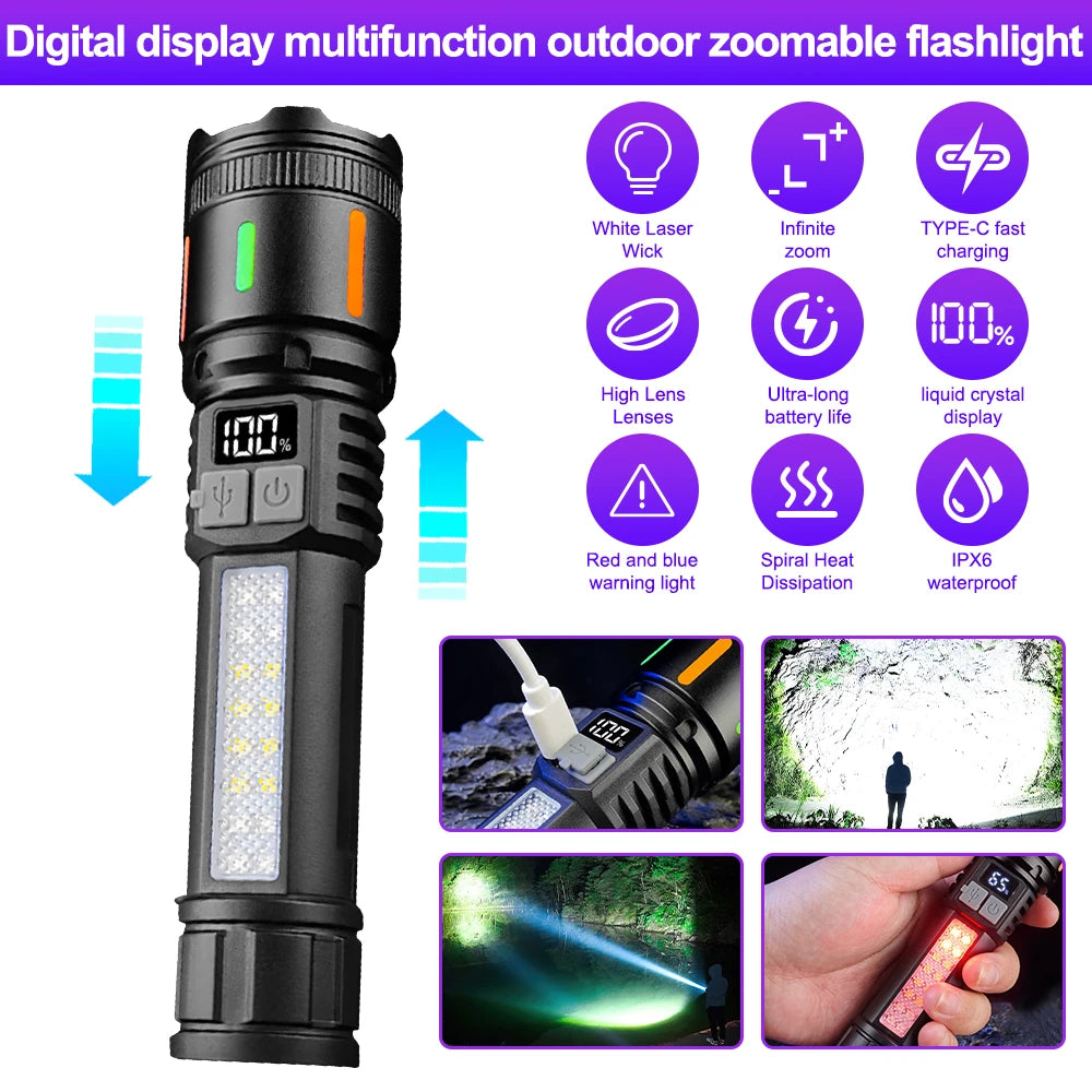 Smart Display LED Flashlight Rechargeable Type-c Torch Red/Blue Flashing Warning Light with Side Lamps Emergency Work Light