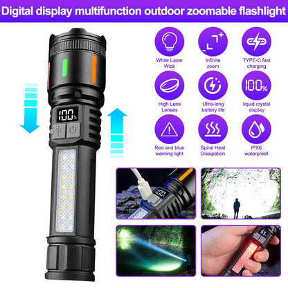 Smart Display LED Flashlight Rechargeable Type-c Torch Red/Blue Flashing Warning Light with Side Lamps Emergency Work Light